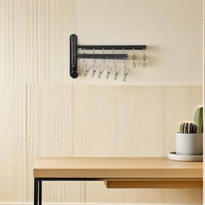 Black Stainless Steel Balcony Clothes Drying Rack Wall Mount with 2-Tier Multi Bar, 360° Rotating Arms, Windproof Clips, and No-Drill Installation for Bathroom and Studio Settings,