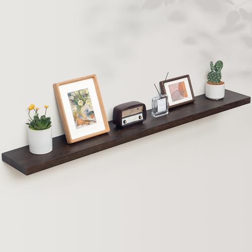 Floating Shelves for Wall, 56in Reclaimed Elm Wood Shelves, Walnut | 8" Deep Wall Shelf, Invisible Bracket, Large Long Wall Mounted Shelves, Living Room, Bedroom, Kitchen, Bathroom - color: Walnut Flat Edge, size: 55 inches - 1P