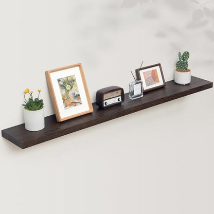 Floating Shelves for Wall, 56in Reclaimed Elm Wood Shelves, Walnut | 8" Deep Wall Shelf, Invisible Bracket, Large Long Wall Mounted Shelves, Living Room, Bedroom, Kitchen, Bathroom - color: Walnut Flat Edge, size: 55 inches - 1P