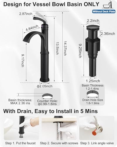 Waterfall Vessel Faucet, Tall Bathroom Faucet Black, Brass Vessel Sink Faucets Bathroom Sink Faucet One Hole Single Handle with Supply Hoses Pop-up Drain - color: Matte Black