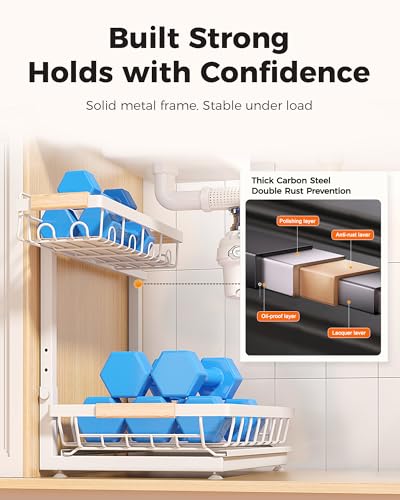3-Pack 2-Tier Height Adjustable Under Sink Organizer, White | Multi-purpose metal storage shelf with sliding shelves for kitchen, bathroom, pantry & laundry cabinet - color: White