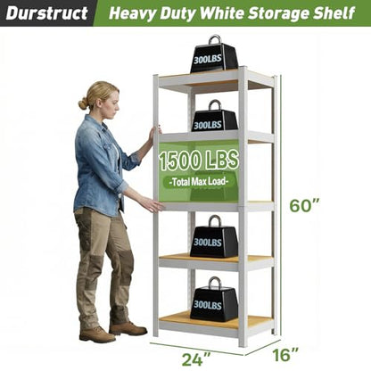 Durstruct 5 Tier White Metal Shelving Unit 24" W×16" D×60" H Adjustable Storage Utility Rack Heavy Duty Shelves Organization Multipurpose Shelf for Pantry Closet Kitchen Garage Bathroom - size: 24" W x 16" D x 60" H