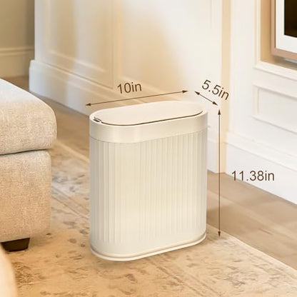SYNCVIBE Bathroom Trash Can with Lid, 2 Gallon, Automatic Lid, Beige | Motion Sensor Garbage Can, 7.5 Liter Smart Trash Bin, IPX5 Waterproof Narrow Plastic Wastebasket for Bedroom and Office - color: Beige