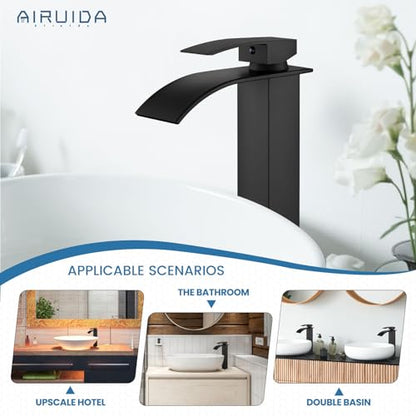 Airuida Vessel Sink Faucet, Matte Black Tall Waterfall Bathroom Faucet | Single Handle,Tall Bathroom Faucet 1 Hole,Vanity Faucet,without Drain,Bowl Bathroom Faucet - color: Matte Black