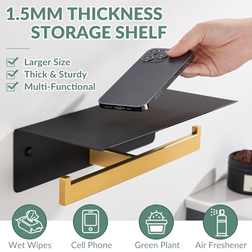 Double Toilet Paper Holder with Phone Shelf, 304 Stainless Steel Bathroom Tissue Hanger, Wall Mounted Dual Roll Paper Dispenser, Black & Gold - color: Black With Gold, size: Double Rod