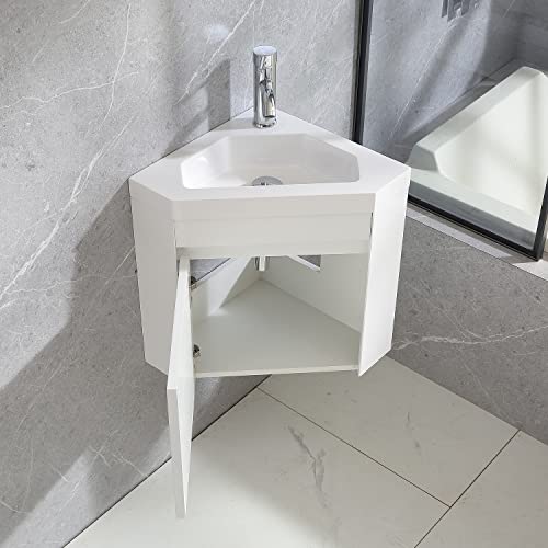 22" Corner Bathroom Vanity Sink Combo – Wall-Mounted White Resin Basin Cabinet Set with Chrome Faucet & Drain (white, 22 inch) - color: White