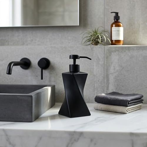 Modern Black Soap Dispenser with Black Stainless Steel Pump, 8.5oz | Modern Mid Century Decor, Matte Black Pump, Unique Twisted Liquid Soap Dispenser for Bathroom & Kitchen