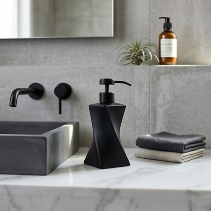 Modern Black Soap Dispenser with Black Stainless Steel Pump, 8.5oz | Modern Mid Century Decor, Matte Black Pump, Unique Twisted Liquid Soap Dispenser for Bathroom & Kitchen