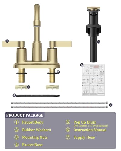 Brushed Gold Bathroom Sink Faucet 3 Hole 4 Inch Centerset Bathroom Faucets | Faucet for Bathroom Sink with Pop Up Drain and 2 Supply Hoses 2 Handle Bathroom Faucet for Sink Vanity RV Evolvegoods - color: Brushed Gold