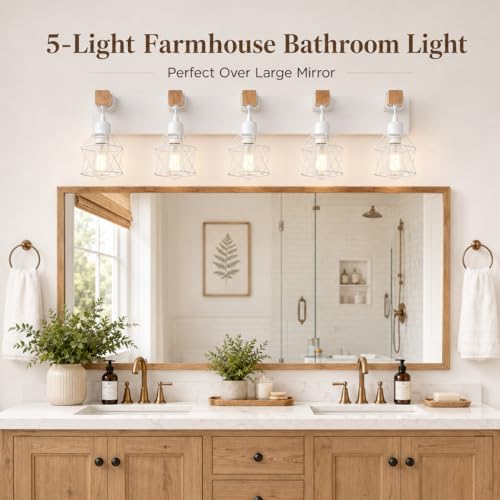 Farmhouse Vanity Light Fixture,5-Light Bathroom Lighting,White Modern Wood Wall Light Over Mirror with Metal Shade,LED Bulbs Not Included - color: White, size: 5-Light-Wide 35"
