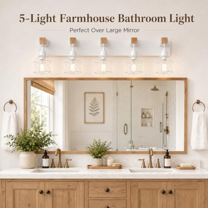 Farmhouse Vanity Light Fixture,5-Light Bathroom Lighting,White Modern Wood Wall Light Over Mirror with Metal Shade,LED Bulbs Not Included - color: White, size: 5-Light-Wide 35"