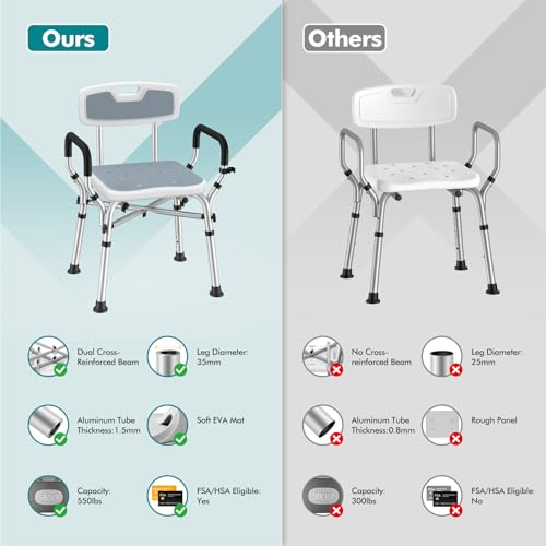 VFAUOSIT Shower Chair with Removable Arms and Back, 550 lb Adjustable Seat | Dual X-Brace Support, Non-Slip Feet, 12 Quick-Drain Holes, Tool-Free Assembly, Wide EVA Cushion, Rust-Resistant Frame - color: Gray