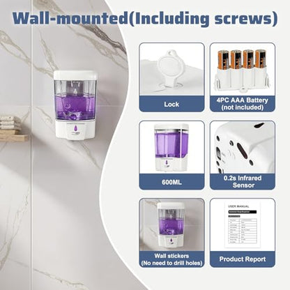 4 Pack Automatic Soap Dispenser Wall Mount,Touchless Liquid Soap Dispenser,Battery Operated,600 ml / 20 oz Commercial Hand Detergent Dispenser for Office Home Kitchen School Bathroom Hotel (White) - color: White