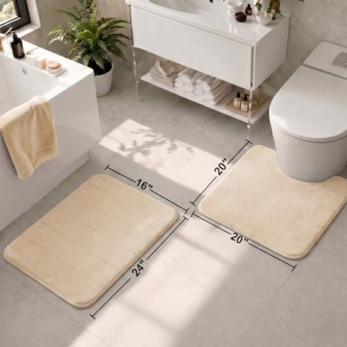 2 Piece Memory Foam Bath Mat Set, Extra Soft Absorbent Bathroom Rugs with U-Shaped Toilet Rug, Non-Slip Backing, Machine Washable, 24x16 + 20x20 U-Shaped, Camel - color: Camel