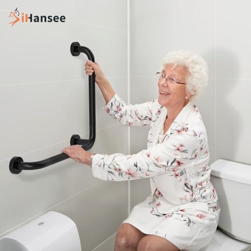 Black Angled Grab Bar 16x16 Inch, Stainless Steel Bathroom Grab Bar w/Anti-Slip Knurled Grip, Wall Mounted Bathtub Toilet Safety Handrail for Elderly Senior, L-Shaped Grab Bar for Shower | Black Bathroom Grab Bar for Senior Elderly, Stainless Steel Handic
