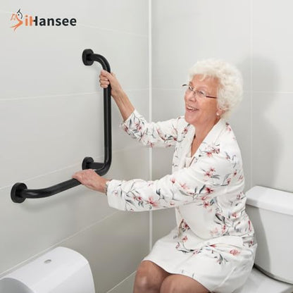 Black Angled Grab Bar 16x16 Inch, Stainless Steel Bathroom Grab Bar w/Anti-Slip Knurled Grip, Wall Mounted Bathtub Toilet Safety Handrail for Elderly Senior, L-Shaped Grab Bar for Shower | Black Bathroom Grab Bar for Senior Elderly, Stainless Steel Handic