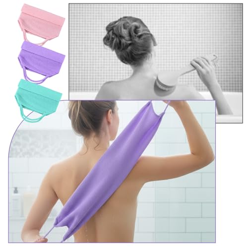 Exfoliating Washcloth with Handles, 3Pcs Back Exfoliator Body Scrub Towel | Easy to Foam, Double-Sided, Stretchable Back Washer for Shower for Women Men(Green, Pink, Purple)