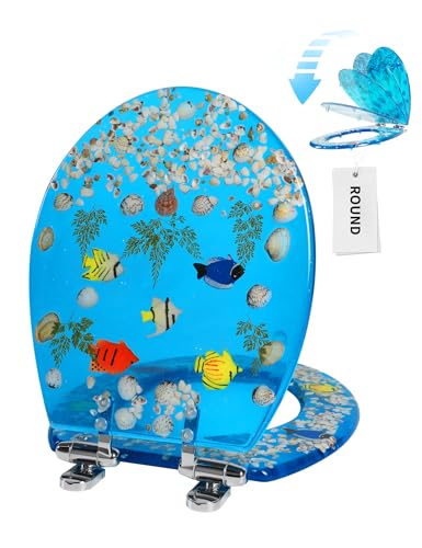 Angol Shiold ROUND Ocean Resin Toilet Seat Soft Close 16.5" | Quick Release Heavy Duty Acrylic Decorative Toilet Seats Easy to Install&Clean (3D Blue Ocean Fish) - color: Transparent Blue Ocean Fish