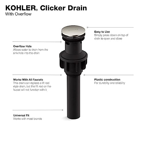 Kohler RH1274364-BN Clicker Drain with Overflow in Vibrant Brushed Nickel, ‎2.76 x 2.76 x 9.72 inches - color: Vibrant Brushed Nickel, size: 2.76 x 2.76 x 9.72 inches