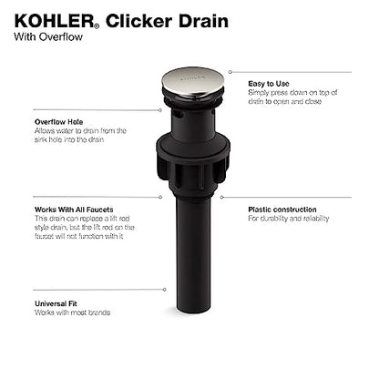 Kohler RH1274364-BN Clicker Drain with Overflow in Vibrant Brushed Nickel, ‎2.76 x 2.76 x 9.72 inches - color: Vibrant Brushed Nickel, size: 2.76 x 2.76 x 9.72 inches
