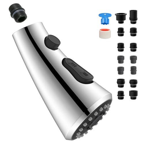 Curve Kitchen Faucet Sprayer Head Compatible with Kohler, Silver Chrome | NSF/ANSI/CAN 372 Certified, 14 Adapter Kit for Universal Fit Use, 3 Function Pull Down Sink Faucet Spray Head Replacement - color: Chrome, style: Curve Design