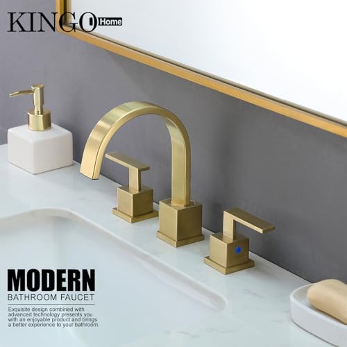 Gold Bathroom Faucet, Brushed Gold Faucets Bathroom 3 Hole 8inch Widespread Waterfall 2 Handle Brass Faucets Bath Sink Vanity Faucet with Pop Up Drain and Supply Lines - color: Gold