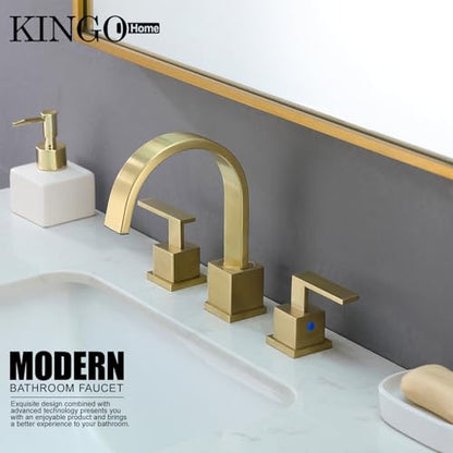 Gold Bathroom Faucet, Brushed Gold Faucets Bathroom 3 Hole 8inch Widespread Waterfall 2 Handle Brass Faucets Bath Sink Vanity Faucet with Pop Up Drain and Supply Lines - color: Gold