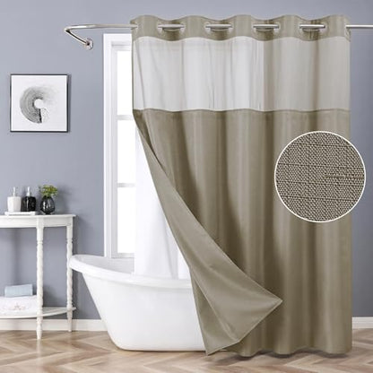 eachope No Hook Shower Curtain with Snap-in Fabric Liner Set,Slub Textured Fabric Shower Curtains for Bathroom,Hotel Style Modern Shower Curtain,Water Repellent & Washable,71x74(72),Tan/Khaki | Hotel Style Fabric with See-Through Top Window, Water Repelle