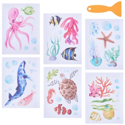 6 Pages Bath Tub Non Slip Stickers Ocean Non Slip Bathtub Stickers Bulk with Scraper Plastic Adhesive Ocean Animal Conch Slippery Floor Decal for Shower and Bath Tub Home Decorations Gift - style: Marine Animal 1