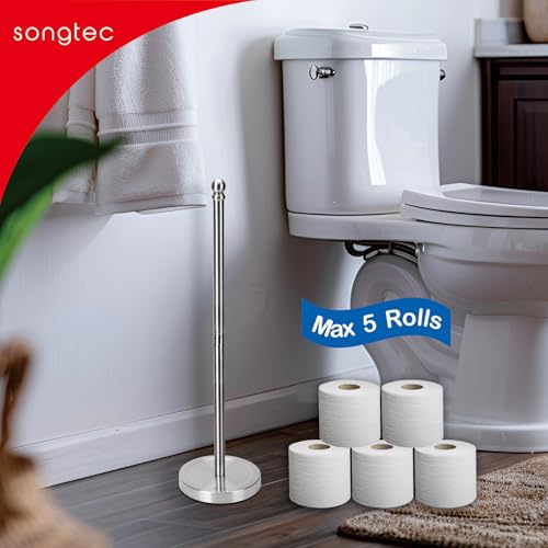 Songtec Toilet Paper Holder Stand Reserve for Bathroom, Floor Standing TP Holder for 4/5 Rolls, Stainless Steel (Brushed Nickel) - color: Brushed Nickel