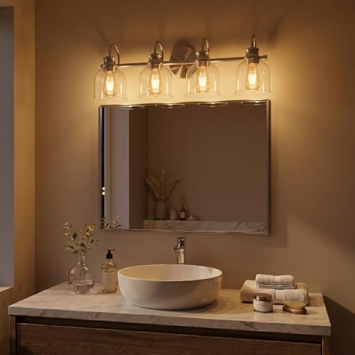 URSOLA 4 Lights 32" Bathroom Vanity Light Fixtures, Brushed Nickel Traditional Classic Vanity Light with Clear Glass, Bathroom Lighting Fixtures Over Mirror - color: Brushed Nickel, size: 4 Lights