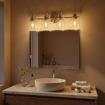 URSOLA 4 Lights 32" Bathroom Vanity Light Fixtures, Brushed Nickel Traditional Classic Vanity Light with Clear Glass, Bathroom Lighting Fixtures Over Mirror - color: Brushed Nickel, size: 4 Lights