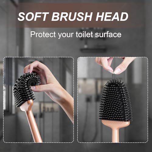 Silicone Toilet Brush, Ventilation Slots Holder 1 Pack, Rose Gold | Flexible Bristles Flat Head for Rim, Hair Tangle-Free, Easy to Clean, Compact Design, Rustproof Handle, for Toilet/Sink/Tub - color: Rose Gold