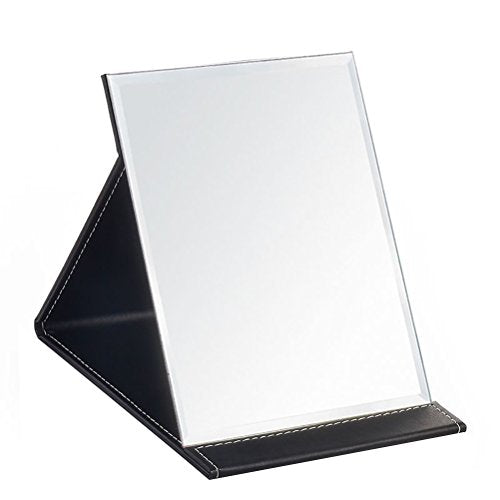 JOLY PU Leather Portable Folding Makeup Mirror with Standing(M, Black) - color: Black, size: 7.9"L x 5.7"W