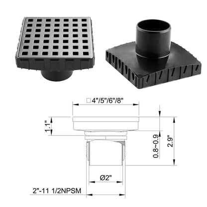 4 Inch Square Shower Drain, 304 Stainless Steel Cover Panel with ABS Frame, Removable Quadrato Pattern Grate with Hair Catcher, CUPC Certified, Brushed Nickel