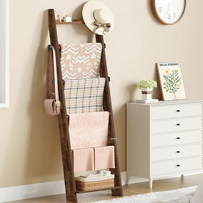 Hzuaneri Blanket Ladder, Decorative Quilt Rack with 4 Removable Hooks | 6-Tier Blanket Ladder Shelf for Bedroom Living Room, Rustic Brown BR30601X - size: 5.6"D x 17"W x 66.7"H