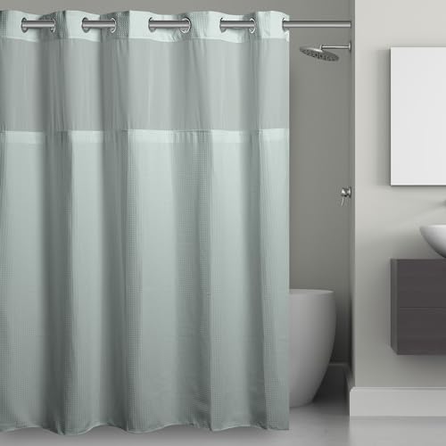Hookless It's A Snap! 3-in-1 Shower Curtain With Waffle Fabric, Sheer Top Window, Flex-On Rings & Liner, 54" x 80", Misty Blue - color: Misty Blue, size: 54"W x 80"L (Pack of 1), style: Without Magnets