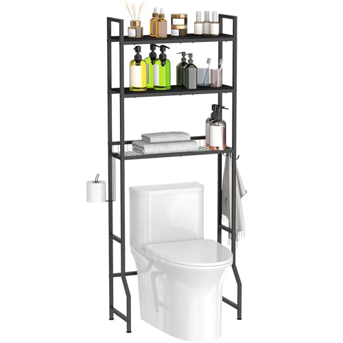 Over The Toilet Storage 3 Tier Over Toilet Bathroom Organizer | Over the Toilet Storage Cabinet, Freestanding Above Toilet Stand, with Paper Holder and 4 Hooks, Space-Saving, Black - color: Black