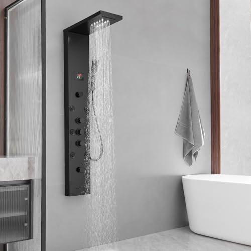 BWE Shower Panel Tower System LED Light Temperature Display 6-Function Stainless Steel shower system with Rainfall Waterfall Massage Body Jets Tub Spout and Handheld Shower, Matte Black