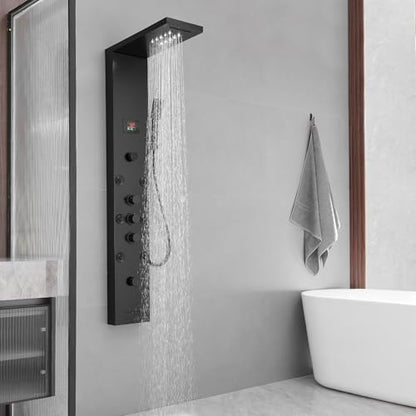 BWE Shower Panel Tower System LED Light Temperature Display 6-Function Stainless Steel shower system with Rainfall Waterfall Massage Body Jets Tub Spout and Handheld Shower, Matte Black