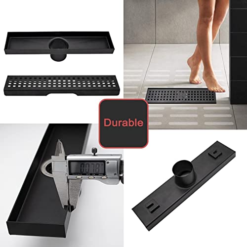 12 Inch Linear Shower Drain with Accessories, Rectangular Floor Drain 304 Stainless Steel Quadrato Pattern Removable Cover Matte Black - size: 12 Inch