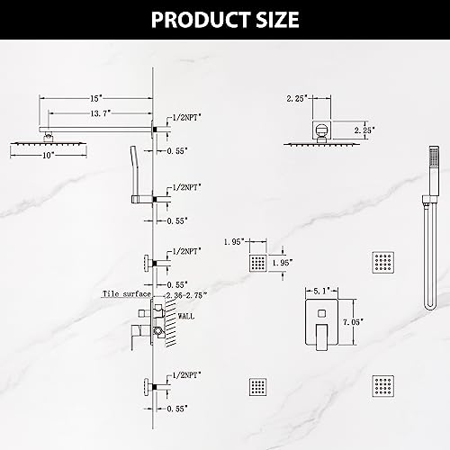 Shower System with 6 PCS Body Spray Jets 12 Inch Rain Shower Head Wall Mounted,Can Run All Together Contain Shower Faucet Rough-in Valve Body and Trim,Matte Black