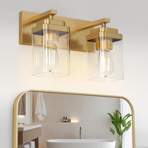 Brushed Gold Bathroom Light Fixtures, 2 Lights Bathroom Lighting Fixtures Over Mirror, Square Design & Rectangle Large Backplate, Modern Vanity Lighting Fixtures, for Living Room/Bedroom - color: Gold, size: 15-inch, 2-Light