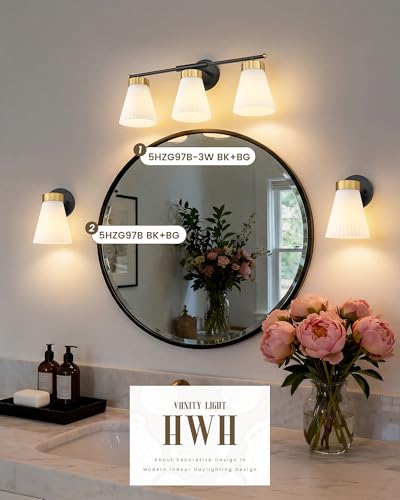 HWH 1-Light Bathroom Wall Sconce, Black and Gold, Modern, 5HZG97B BK+BG | Install Facing Up or Down, 5.9 x 7.3 x 9.4-Inch Fixture, E26 Bulb Max 60W, Bulb Not Included, Mounting Hardware Included - color: Black and Gold, size: 1-Light