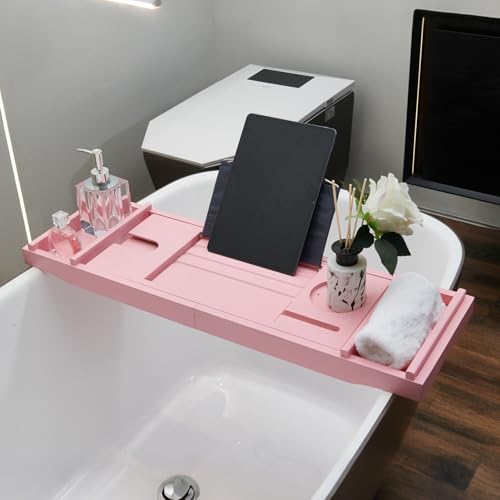 Pink Bamboo Bathtub Caddy with Bath Sponge, Bath Tray for Bathtub, Expandable Size, Fits Most Bath Tubs