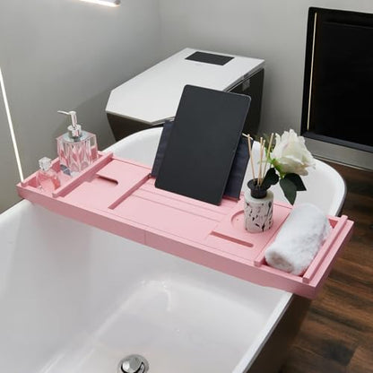 Pink Bamboo Bathtub Caddy with Bath Sponge, Bath Tray for Bathtub, Expandable Size, Fits Most Bath Tubs