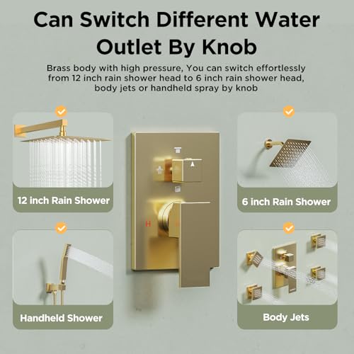 Shower Systems with 4 Body Spray Jets, STARBATH 4 Way 12+6" Rainfall Shower Head with Handheld Combo, Wall Mounted Shower Jets System in Wall Shower Faucet Sets Complete,Brushed Gold - color: Gold, size: 6"+12"-02