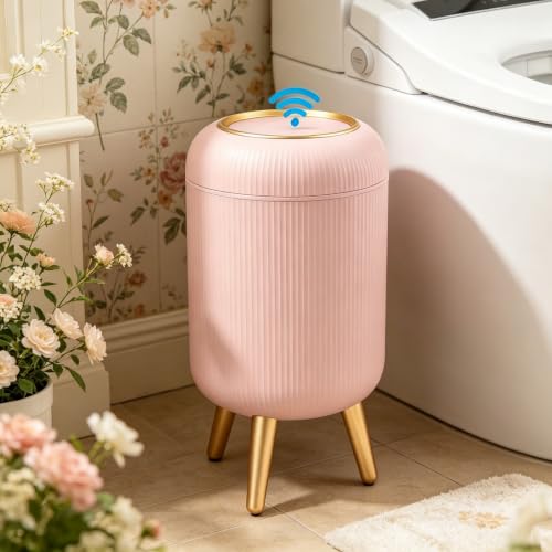 URALFA Automatic Bathroom Trah Can, 3 Gal Motion Sensor Trash Can Touchless | Touchless Sensor Bathroom Garbage Can with Lid, Smart Trash Bin for Bedroom, Office, Restroom, Removable Legs, Pink and Gold - color: Pink, style: Automatic with Legs