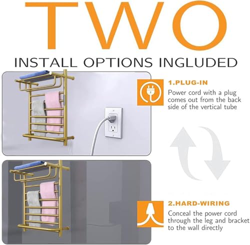 Gold Wall Mounted Heated Towel Rack, Gold Towel Warmer Rack for Bathroom, Timer & Temperature Control Electric Towel Drying Rack with Top Shelf (14 Bars with Top Shelf Brushed Gold A, Hardwired) - color: 14 Bars With Top Shelf Brushed Gold a, size: Hardwi