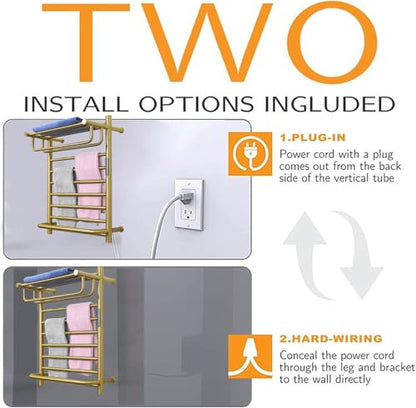 Heated Towel Racks for Bathroom Gold, Gold Towel Warmer Rack Wall Mounted with Top Shelf, Timer & Temperature Control Electric Towel Drying Rack (14 Bars with Top Shelf Brushed Gold A, Plug-in) - color: 14 Bars With Top Shelf Brushed Gold a, size: Plug-in